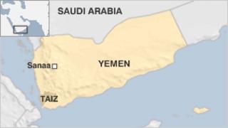 Map of Yemen showing Sanaa and Taiz