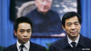 Bo Xilai (R) and his son Bo Guagua stand in front of a picture of his father Bo Yibo at a mourning hall in Beijing in this 18 January 2007 file image