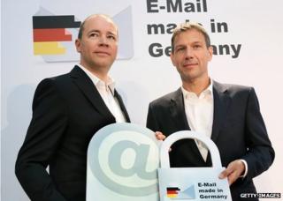 Ralph Dommermuth, left, of United Internetand Rene Obermann, of Deutsche Telekom, promoting German email providers in August 2013