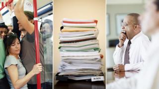 Composite of back to work photos: squashed commuters on train, enormous inbox pile, boring meeting
