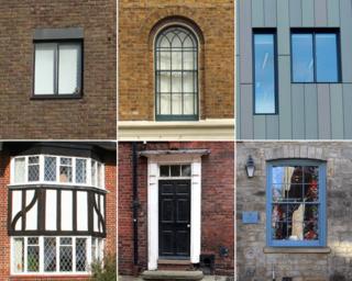 Windows and a door from different periods of architecture - from Georgian to modern-day