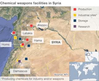 Карта с указанием объектов химического оружия в Сирии
