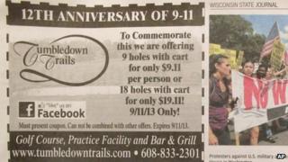 Photo of an advertisement that appeared in the Wisconsin State Journal on Monday 9 September 2013, offering nine holes of golf for $9.11 to mark the anniversary of the 9/11 attacks.