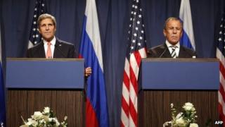 US Secretary of State John Kerry (L) holds a joint press conference with Russian Foreign Minister Sergei Lavrov in Geneva on September 14, 2013 after they met for talks on Syria"s chemical weapons.