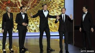 Jane Lynch, Jimmy Kimmel, Conan O'Brien, Jimmy Fallon and host Neil Patrick Harris onstage during the 65th Annual Primetime Emmy Awards