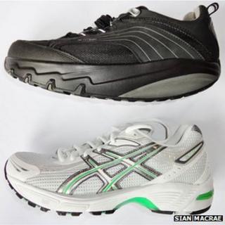 A rocker sole shoe and a flat-sole trainer