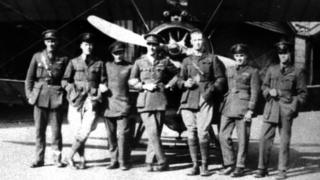 Pilots Cooke, Hollington, Murray, Coote, Godfrey, Stokes and Shephard at Stowe Maries in 1917