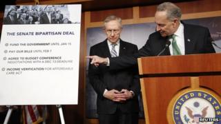 U.S. Senator Charles Schumer (D-NY) (R) and Senate Majority Leader Harry Reid (D-NV) appear at a news conference after bipartisan passage of stopgap budget and debt legislation at the U.S. Capitol in Washington, October 16, 2013.