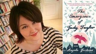 Angela Jackson beside the book jacket to her debut novel