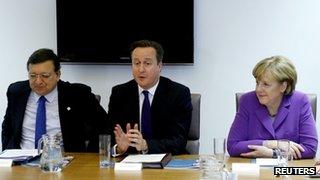 Jose Manuel Barroso, David Cameron and Angela Merkel