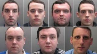 The jailed football fans (left to right, top row first): David Bone, Sean Fowle, Aaron Finbow, Ben Boylett, Daniel Clay, Jake Embery and Jason Butler