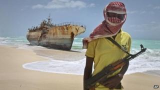 Somali pirate with Taiwanese fishing vessel, Sept 2012