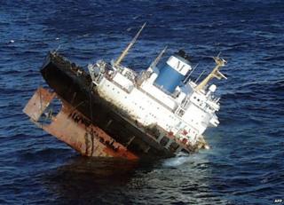 The Prestige floats above water moments before sinking off Spain, 19 November 2002
