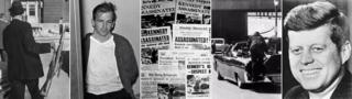 Мужчина держит пистолет; Ли Харви Освальд; газеты, объявляющие о смерти Кеннеди; JFK Линкольн моменты после стрельбы; JFK