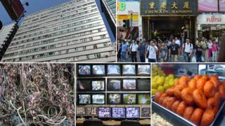 Clockwise from top left: Exterior of Chungking Mansions, Entrance of Chungking Mansions, electric cabling, CCTV screens, Indian snacks
