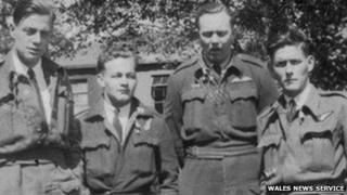 Four members of the crew - from left to right:- Sgt. John Phillips, Flight Sgt. Douglas Tresidder, Flight Sgt. Robert Naffin and Sgt. David Morgan Ellis