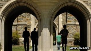 Students pass under the arches at Duke University on 11 April 2006