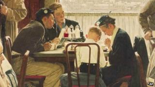 This undated file photo provided by Sotheby's shows the popular Norman Rockwell masterpiece "Saying Grace"