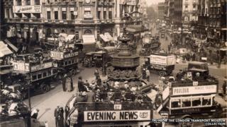 B-type London buses in Piccadilly Circus in London