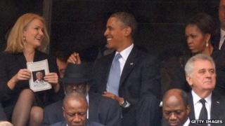 President Obama poses for a camera-phone photo with British Prime Minister David Cameron and Denmark's Prime Minister Helle Thorning-Schmidt.