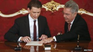 Austrian President Heinz Fischer (R) and the new Foreign Minister Sebastian Kurz sign the inauguration paper in Vienna