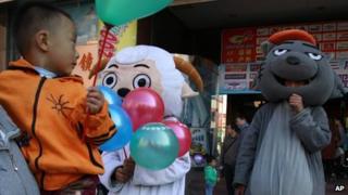 Pleasant Goat and Big Big Wolf mascots in Beijing