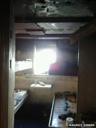 A burnt cabin on the MS King Seaways after a fire broke out