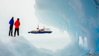 The Akademik Shokalskiy stuck in the ice off East Antarctica, as it waits to be rescued, 30 December 2013
