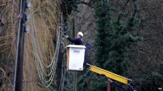 Workman repairing electricity lines