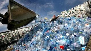 Bottles at recycling plant