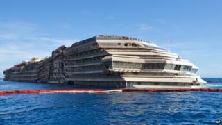 The Costa Concordia after it was brought upright in September