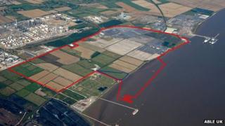 Red outline showing the area of Able UK's development and blue outline showing the area ABP wants to develop