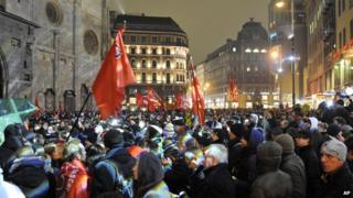 Demonstrators gather to oppose a ball being hosted at the Hofburg palace by the right-wing FPOE party, Friday, 24 January, 2014, in downtown Vienna, Austria