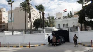 A general view of the front of the Egyptian embassy in Tripoli on 25 January 2014