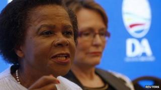 Anti-apartheid activist Mamphela Ramphele speaks at a news conference with opposition Democratic Alliance (DA) party leader Helen Zille (R)