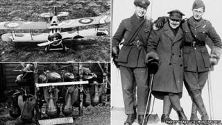 Camouflaged plane, pilots and bomb rack at Orford Ness
