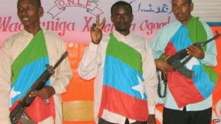 ONLF rebels draped in the ONLF flag pictured in Somalia in 2006