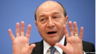 Romanian President Traian Basescu speaks to the media at a press conference on 31 January in Berlin