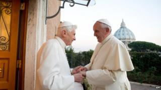 Emeritus Pope Benedict and Pope Francis at the Vatican. Photo: December 2013
