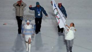 Indian athletes walked under the Olympics flag during the opening ceremony of the Sochi Winter Games