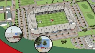 An illustration of the proposed campus and stadium, from the developers' brochure