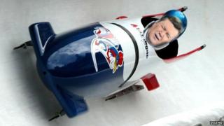 Doctored image of Viktor Yanukovych in a bobsled