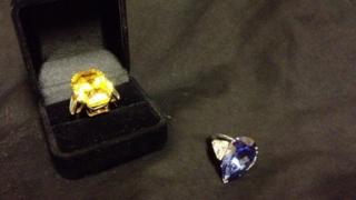 Fake yellow diamond ring and fake pear-shaped blue diamond