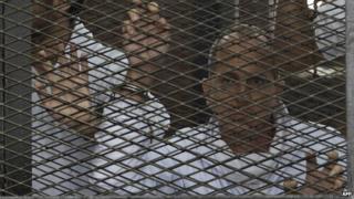 Peter Greste stands inside the defendants cage during his trial for allegedly supporting the Muslim Brotherhood