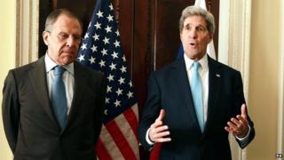 The US Secretary of State John Kerry (right) meets with the Russian foreign minister Sergey Lavrov (left) at the US Ambassadors Residence in central London on 14 March 2013.