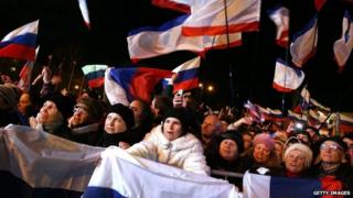 People in Lenin Square attend a pro-Russian rally in Simferopol, Ukraine, after the referendum