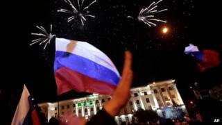 Pro-Russian celebration in Lenin Square, in Simferopol, Ukraine, on 16 March 2014 after the referendum vote was announced