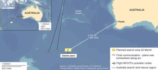Map of the area in the Indian Ocean where debris has been spotted