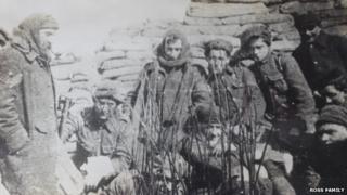 Sergeant Major William Ross with soldiers in a trench