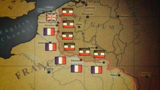 By the end of 1914, German and Allied forces were dug in along a line through France